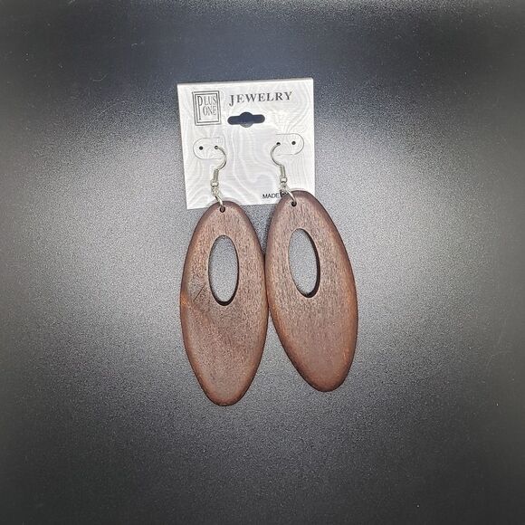 Dark Brown Wood Oval Shape Long Boho Style Earrings - Picture 2 of 5